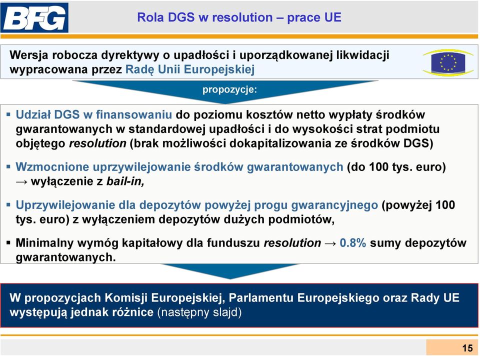 środków gwarantowanych (do 100 tys. euro) wyłączenie z bail-in, Uprzywilejowanie dla depozytów powyżej progu gwarancyjnego (powyżej 100 tys.