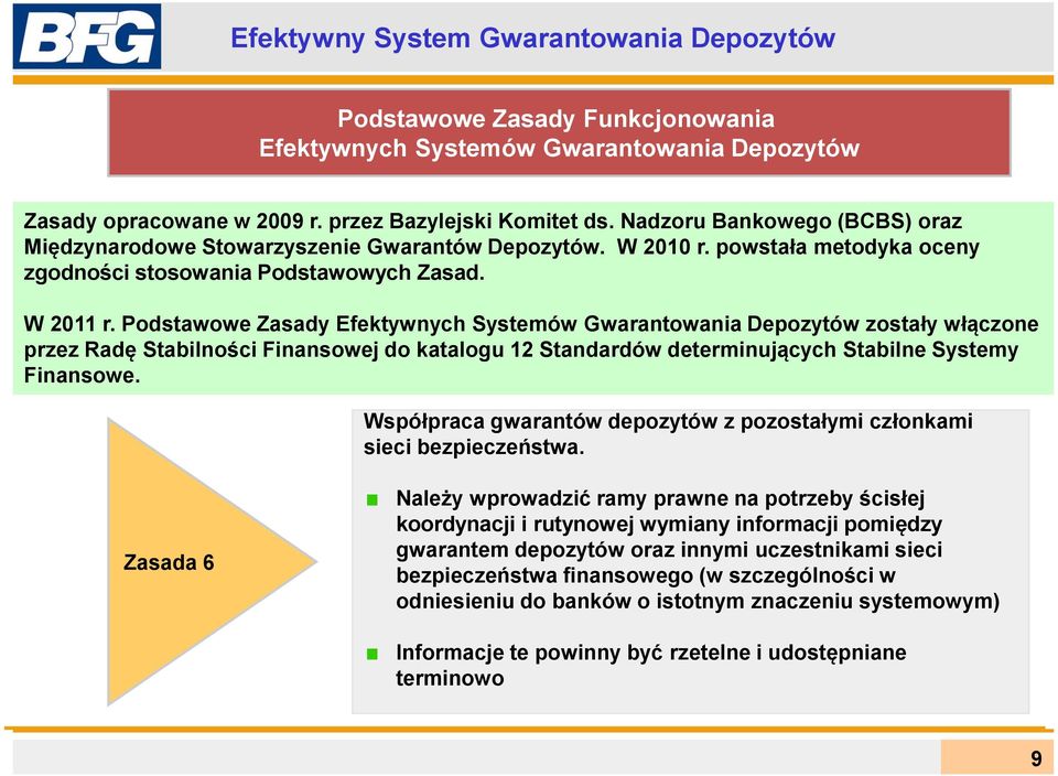 Podstawowe Zasady Efektywnych Systemów Gwarantowania Depozytów zostały włączone przez Radę Stabilności Finansowej do katalogu 12 Standardów determinujących Stabilne Systemy Finansowe.