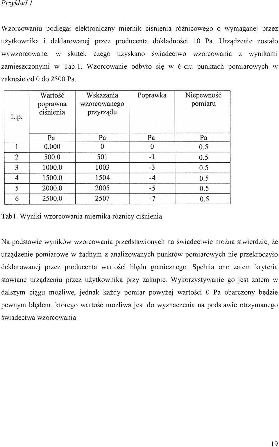 Wyniki wzorcowania miernika rónicy cinienia Na podstawie wyników wzorcowania przedstawionych na wiadectwie mona stwierdzi, e urzdzenie pomiarowe w adnym z analizowanych punktów pomiarowych nie