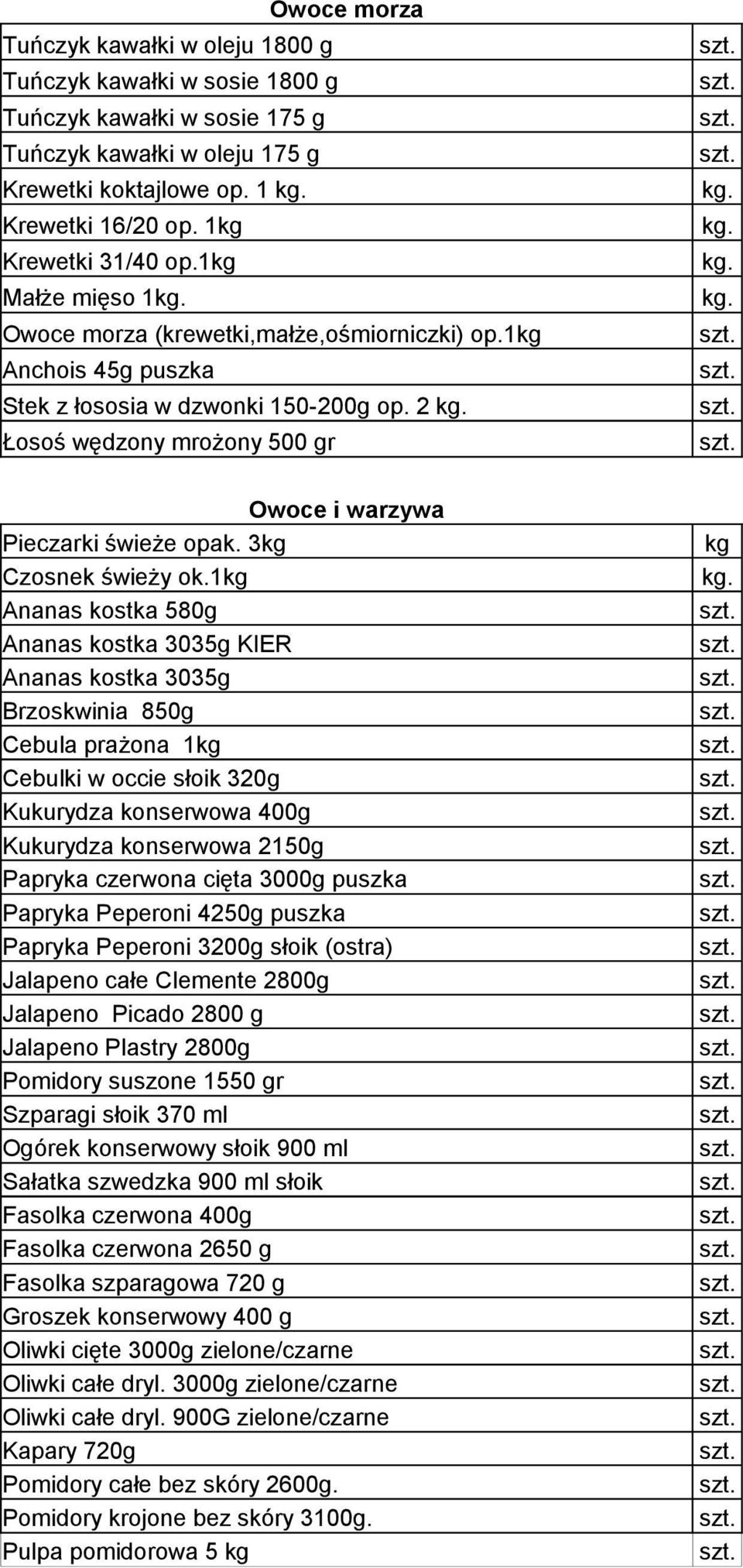 1 Ananas kostka 580g Ananas kostka 3035g KIER Ananas kostka 3035g Brzoskwinia 850g Cebula prażona 1 Cebulki w occie słoik 320g Kukurydza konserwowa 400g Kukurydza konserwowa 2150g Papryka czerwona