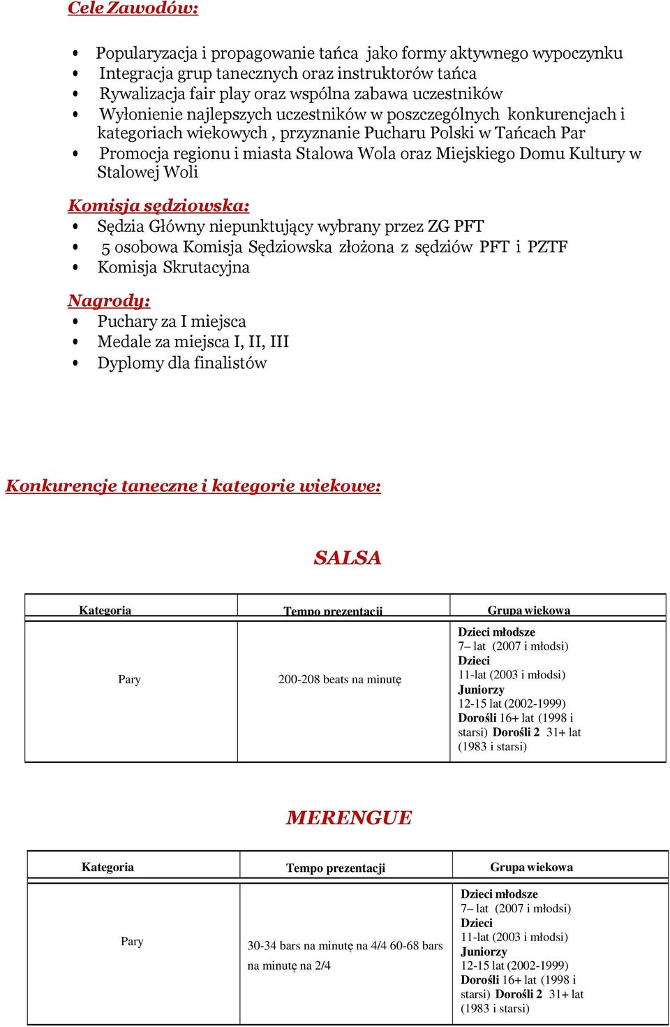 Woli Komisja sędziowska: Sędzia Główny niepunktujący wybrany przez ZG PFT 5 osobowa Komisja Sędziowska złożona z sędziów PFT i PZTF Komisja Skrutacyjna Nagrody: Puchary za I miejsca Medale za miejsca