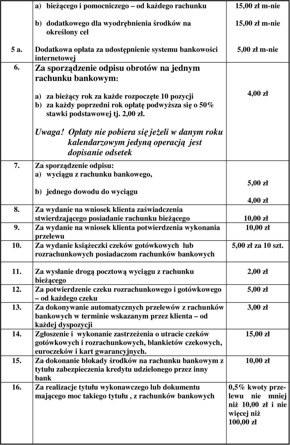 Opłaty nie pobiera się jeŝeli w danym roku kalendarzowym jedyną operacją jest dopisanie odsetek 7. Za sporządzenie odpisu: a) wyciągu z rachunku bankowego, b) jednego dowodu do wyciągu 8.