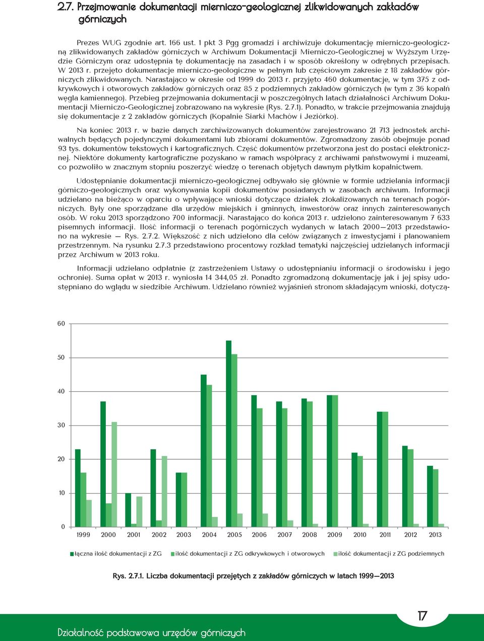 dokumentację na zasadach i w sposób określony w odrębnych przepisach. W 2013 r. przejęto dokumentacje mierniczo-geologiczne w pełnym lub częściowym zakresie z 18 zakładów górniczych zlikwidowanych.