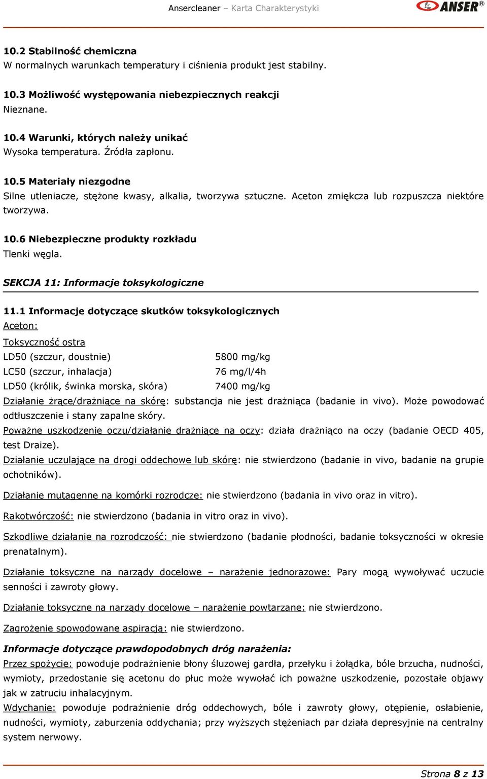 SEKCJA 11: Informacje toksykologiczne 11.