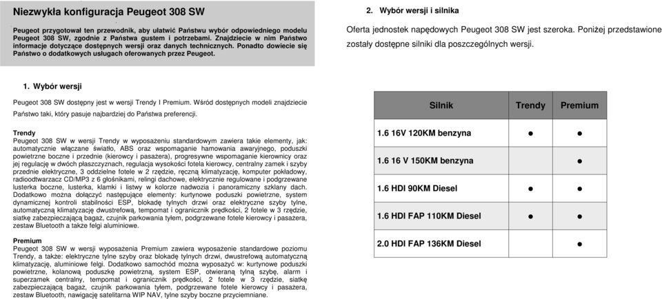 Wybór wersji i silnika Oferta jednostek napędowych Peugeot 308 SW jest szeroka. PoniŜej przedstawione zostały dostępne silniki dla poszczególnych wersji. 1.