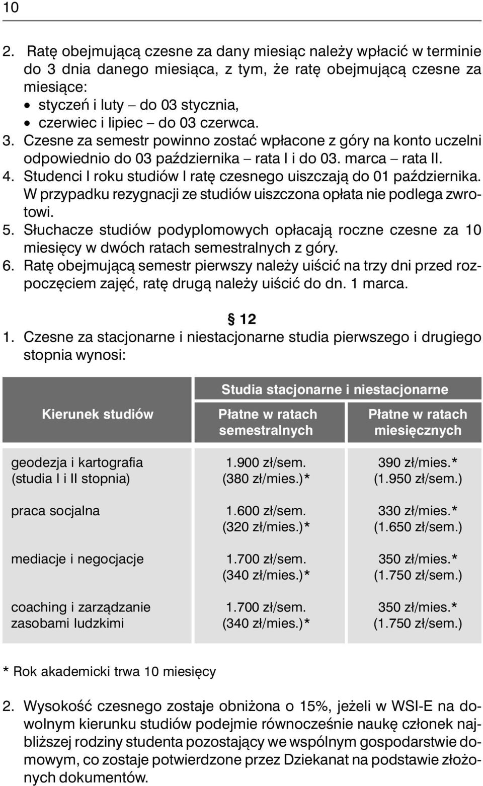 Studenci I roku studiów I ratę czesnego uiszczają do 01 października. W przypadku rezygnacji ze studiów uiszczona opłata nie podlega zwrotowi. 5.