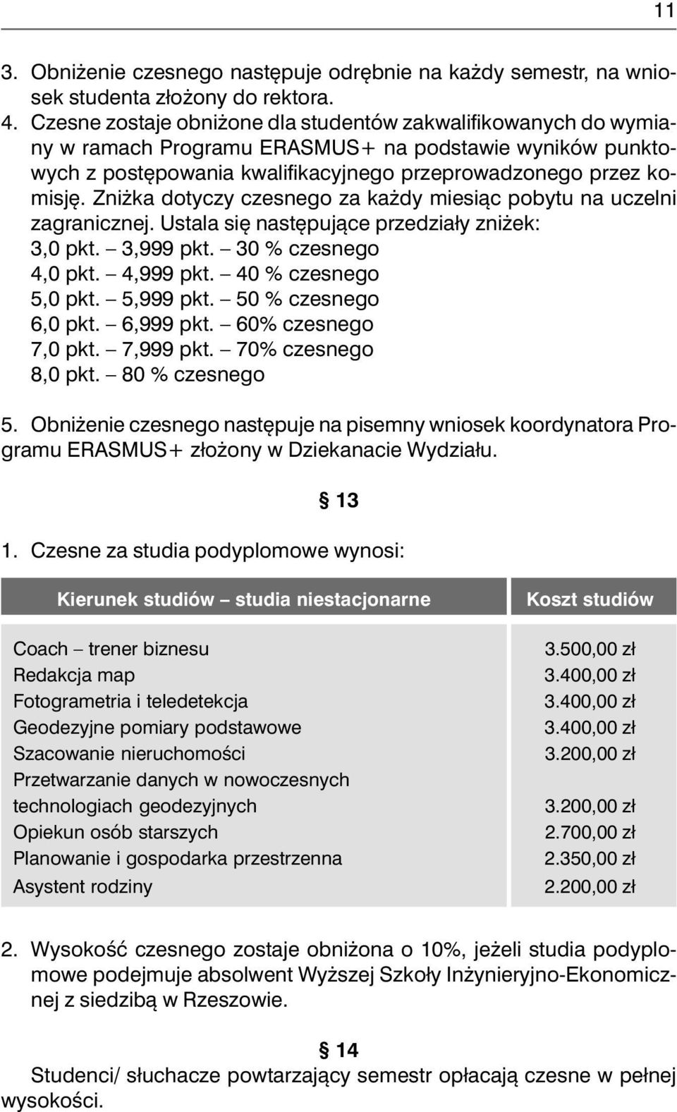 Zniżka dotyczy czesnego za każdy miesiąc pobytu na uczelni zagranicznej. Ustala się następujące przedziały zniżek: 3,0 pkt. 3,999 pkt. 30 % czesnego 4,0 pkt. 4,999 pkt. 40 % czesnego 5,0 pkt.