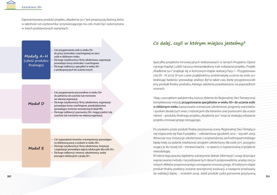 Dla kogo (użytkownicy): firmy szkoleniowe, organizacje prowadzące kursy trenerskie i coachingowe. Dla kogo (odbiorcy): specjaliści w wieku 50+ o predyspozycjach do uczenia innych.