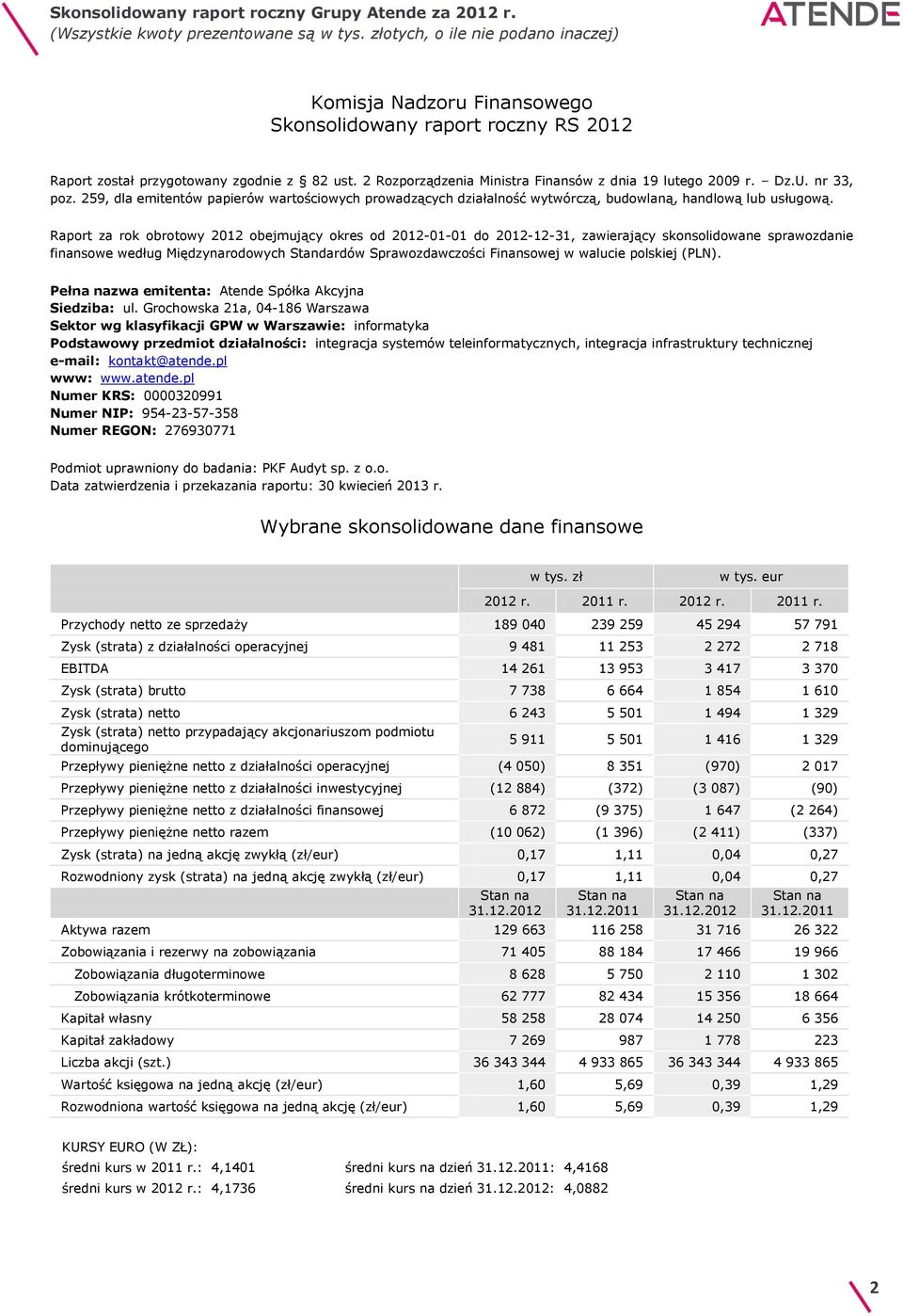 Raport za rok obrotowy 2012 obejmujący okres od 2012-01-01 do 2012-12-31, zawierający skonsolidowane sprawozdanie finansowe według Międzynarodowych Standardów Sprawozdawczości Finansowej w walucie