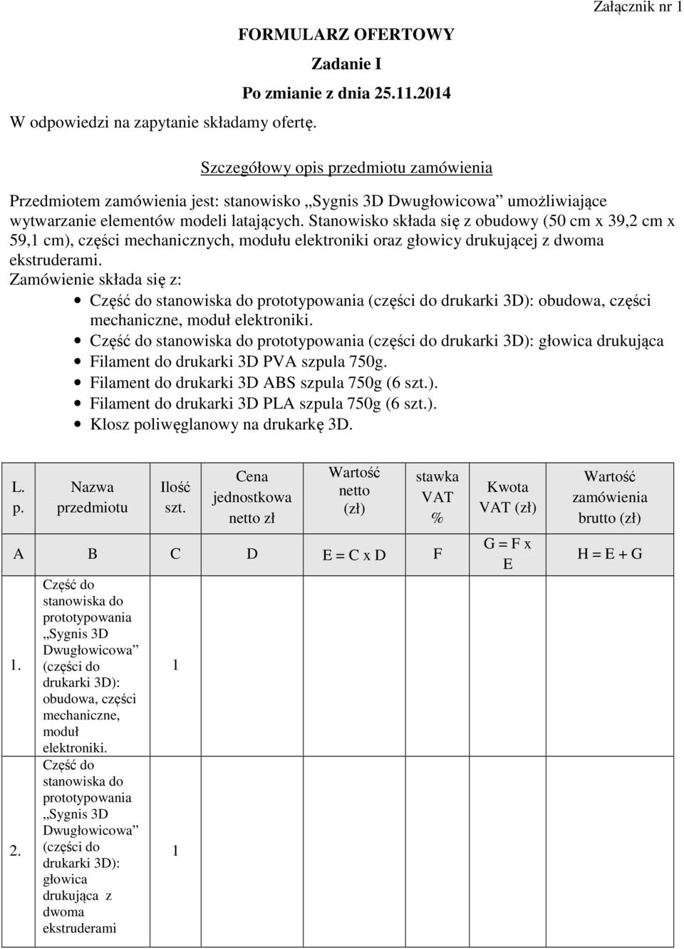 Stanowisko składa się z obudowy (50 cm x 39,2 cm x 59, cm), części mechanicznych, modułu elektroniki oraz głowicy drukującej z dwoma ekstruderami.