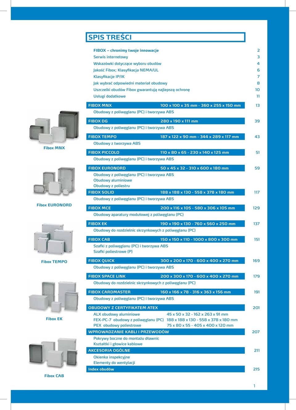 poliwęglanu (PC) i tworzywa ABS FIBOX TEMPO 187 x 122 x 90 mm - 344 x 289 x 117 mm 43 Fibox MNX z tworzywa ABS FIBOX PICCOLO 110 x 80 x 65-230 x 140 x 125 mm 51 z poliwęglanu (PC) i tworzywa ABS