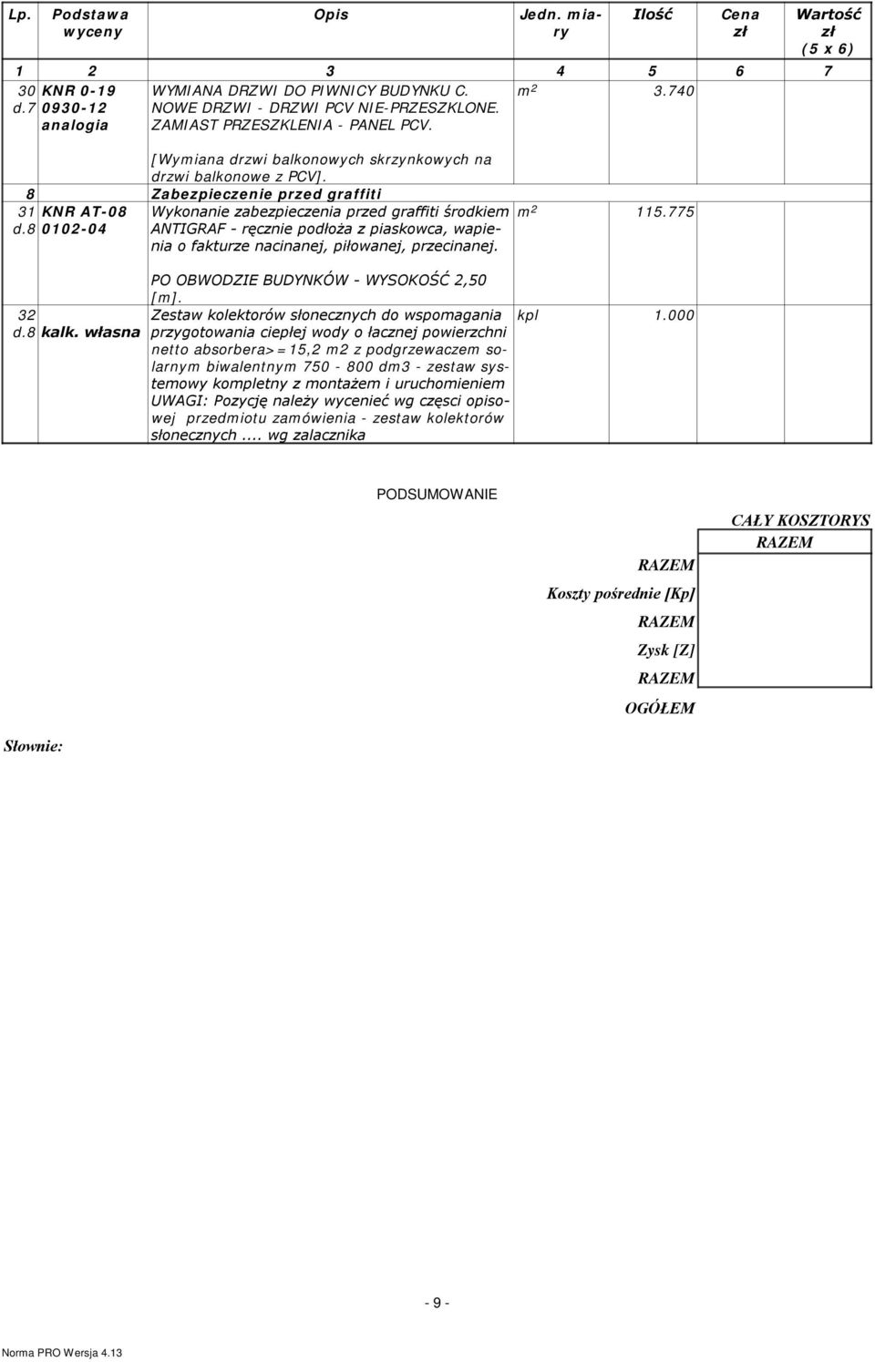 8 01-04 ANTIGRAF - ręcznie podłoża z piaskowca, wapienia o fakturze nacinanej, piłowanej, przecinanej. 115.775 32 d.8 kalk. własna PO OBWODZIE BUDYNKÓW - WYSOKOŚĆ 2,50 [].