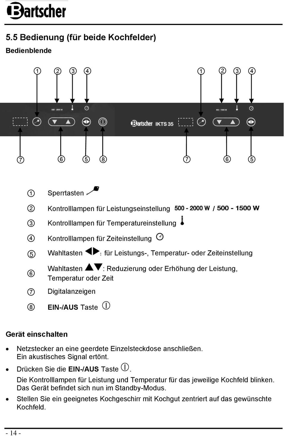 Digitalanzeigen EIN-/AUS Taste Gerät einschalten Netzstecker an eine geerdete Einzelsteckdose anschließen. Ein akustisches Signal ertönt. Drücken Sie die EIN-/AUS Taste.