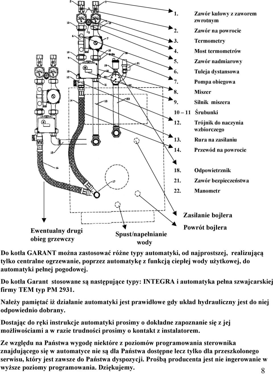 Manometr Ewentualny drugi obieg grzewczy Spust/napełnianie wody Zasilanie bojlera Powrót bojlera Do kotła GARANT można zastosować różne typy automatyki, od najprostszej, realizującą tylko centralne