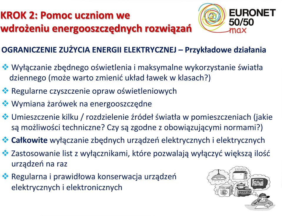 ) v Regularne czyszczenie opraw oświetleniowych v Wymiana żarówek na energooszczędne v Umieszczenie kilku / rozdzielenie źródeł światła w pomieszczeniach (jakie są możliwości