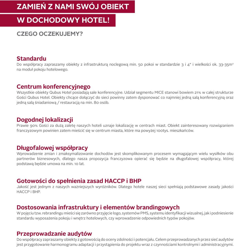 Obiekty chcące dołączyć do sieci powinny zatem dysponować co najmniej jedną salą konferencyjną oraz jedną salą śniadaniową / restauracją na min. 80 osób.