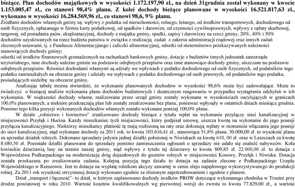 Źródłami dochodów własnych gminy są: wpływy z podatku od nieruchomości, rolnego, leśnego, od środków transportowych, dochodowego od osób fizycznych, opłacanego w formie karty podatkowej, od spadków i