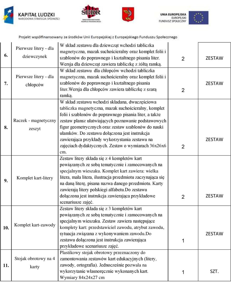 kształtnego pisania liter. Wersja dla dziewcząt zawiera tabliczkę z żółtą ramką. W skład zestawu dla chłopców wchodzi tabliczka szablonów do poprawnego i kształtnego pisania liter.