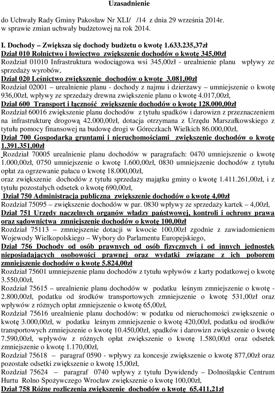 Leśnictwo zwiększenie dochodów o kwotę 3.081,00zł Rozdział 02001 urealnienie planu - dochody z najmu i dzierżawy umniejszenie o kwotę 936,00zł, wpływy ze sprzedaży drewna zwiększenie planu o kwotę 4.