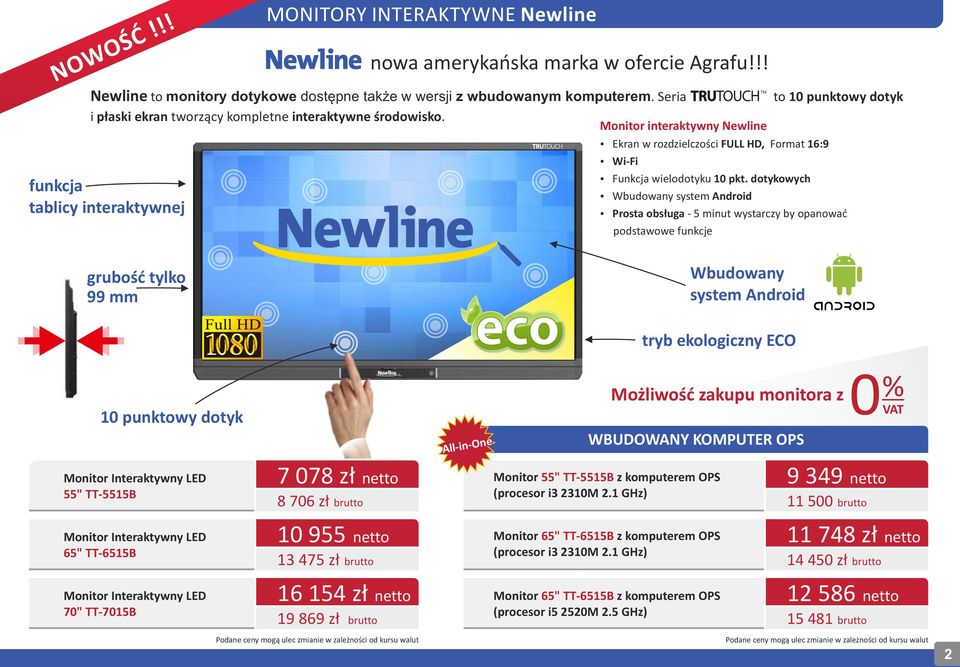 funkcja tablicy interaktywnej Monitor interaktywny Newline ź Ekran w rozdzielczości FULL HD, Format 16:9 ź Wi-Fi ź Funkcja wielodotyku 10 pkt.