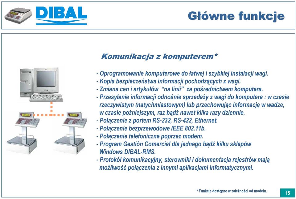 - Przesyłanie informacji odnośnie sprzedaży z wagi do komputera : w czasie rzeczywistym (natychmiastowym) lub przechowując informację w wadze, w czasie poźniejszym, raz bądź nawet kilka razy dziennie.