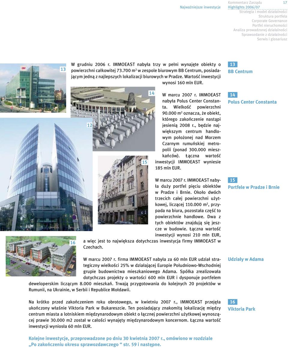 700 m 2 w zespole biurowym BB Centrum, posiadającym jedną z najlepszych lokalizacji biurowych w Pradze. Wartość inwestycji wynosi 160 mln EUR. i 13 i BB Centrum 12 15 14 W marcu 2007 r.