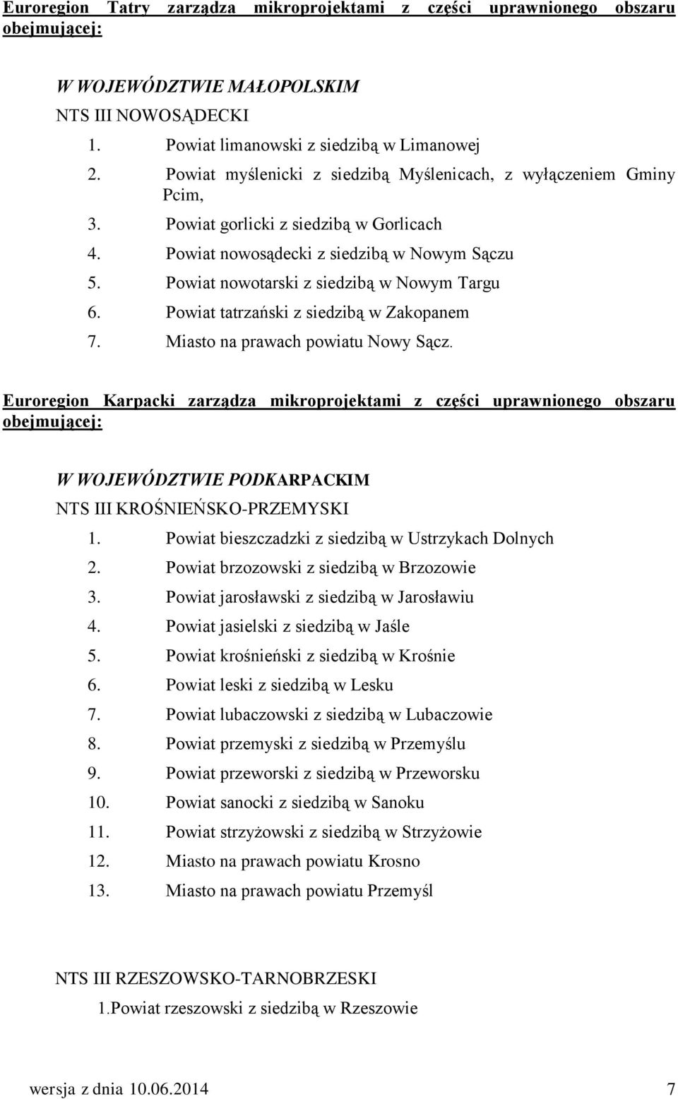 Powiat nowotarski z siedzibą w Nowym Targu 6. Powiat tatrzański z siedzibą w Zakopanem 7. Miasto na prawach powiatu Nowy Sącz.