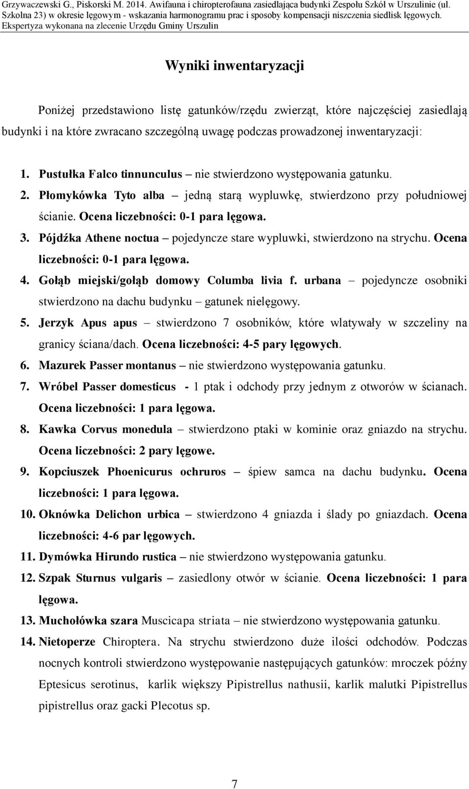 Pójdźka Athene noctua pojedyncze stare wypluwki, stwierdzono na strychu. Ocena liczebności: 0-1 para lęgowa. 4. Gołąb miejski/gołąb domowy Columba livia f.