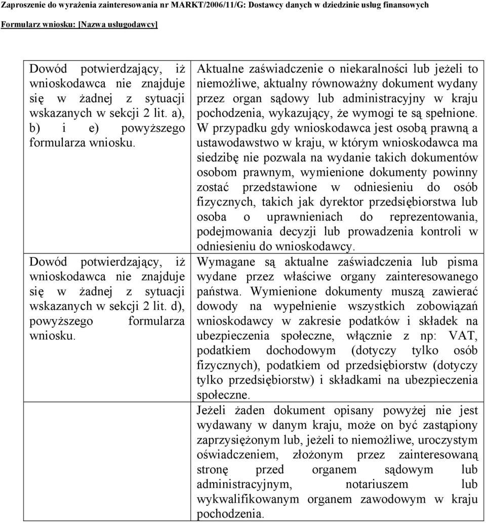 Aktualne zaświadczenie o niekaralności lub jeżeli to niemożliwe, aktualny równoważny dokument wydany przez organ sądowy lub administracyjny w kraju pochodzenia, wykazujący, że wymogi te są spełnione.