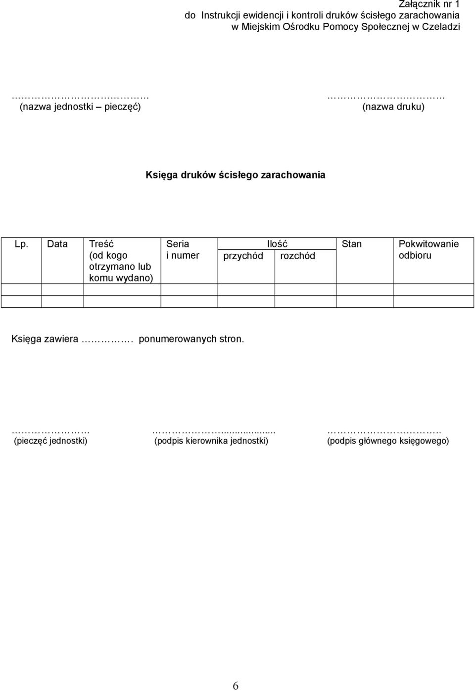 Data Treść (od kogo otrzymano lub komu wydano) Seria i numer Ilość Stan Pokwitowanie przychód