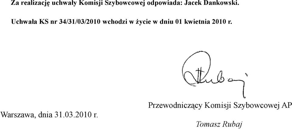 Uchwała KS nr 34/31/03/2010 wchodzi w życie w dniu 01