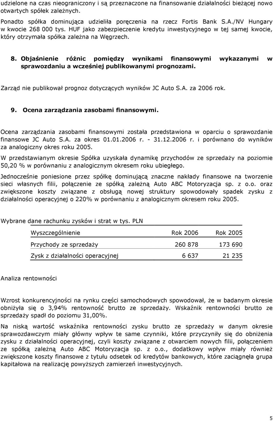 Objaśnienie róŝnic pomiędzy wynikami finansowymi wykazanymi w sprawozdaniu a wcześniej publikowanymi prognozami. Zarząd nie publikował prognoz dotyczących wyników JC Auto S.A. za 2006 rok. 9.