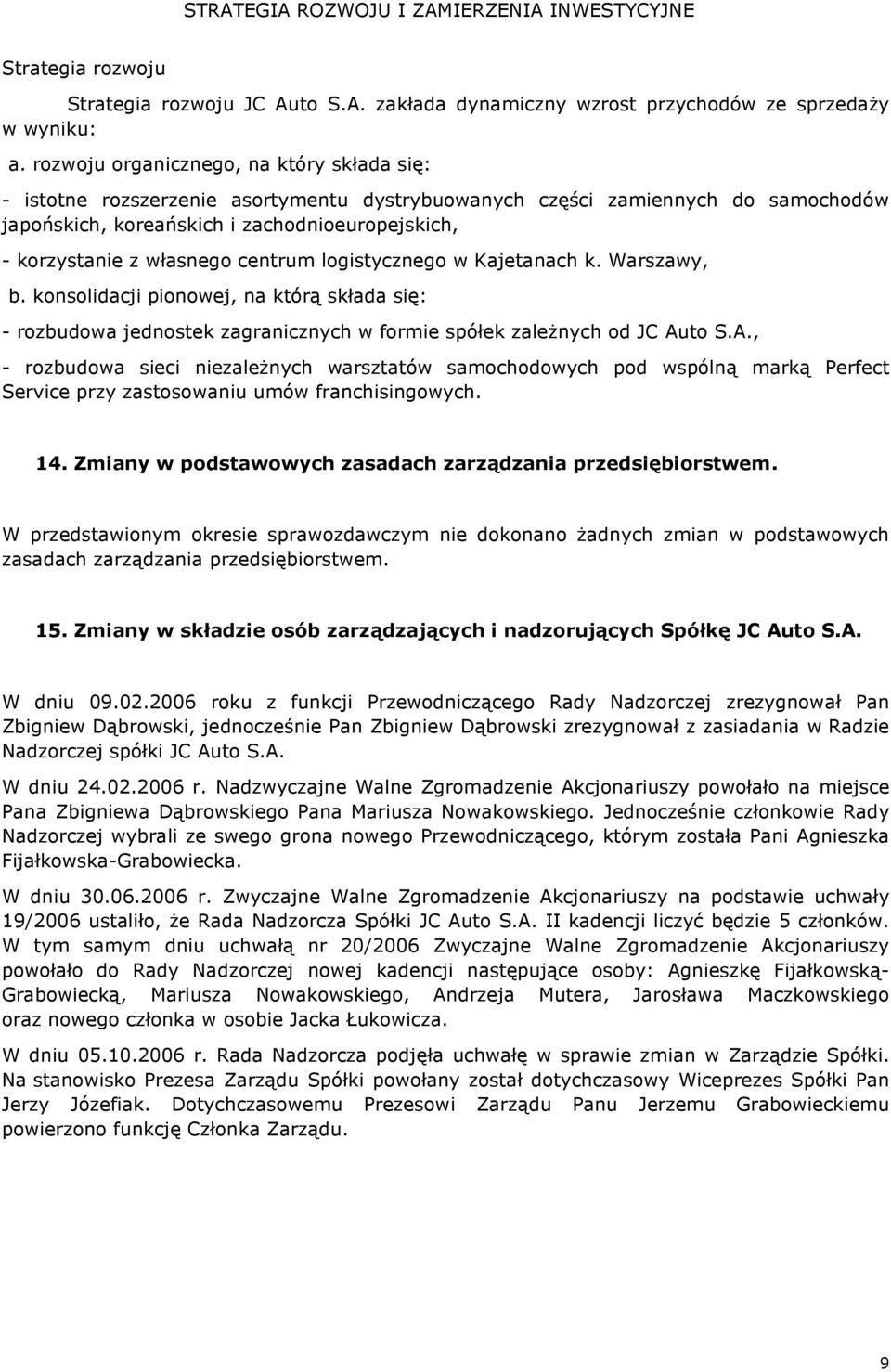 centrum logistycznego w Kajetanach k. Warszawy, b. konsolidacji pionowej, na którą składa się: - rozbudowa jednostek zagranicznych w formie spółek zaleŝnych od JC Au