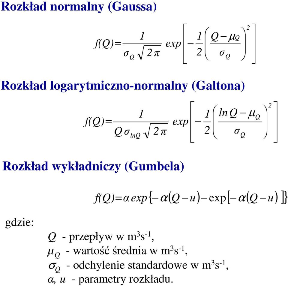 wykładniczy (Gumbela) { α( Q u) exp[ ( Q u) ]} f(q) = α exp α gdzie: Q - przepływ w