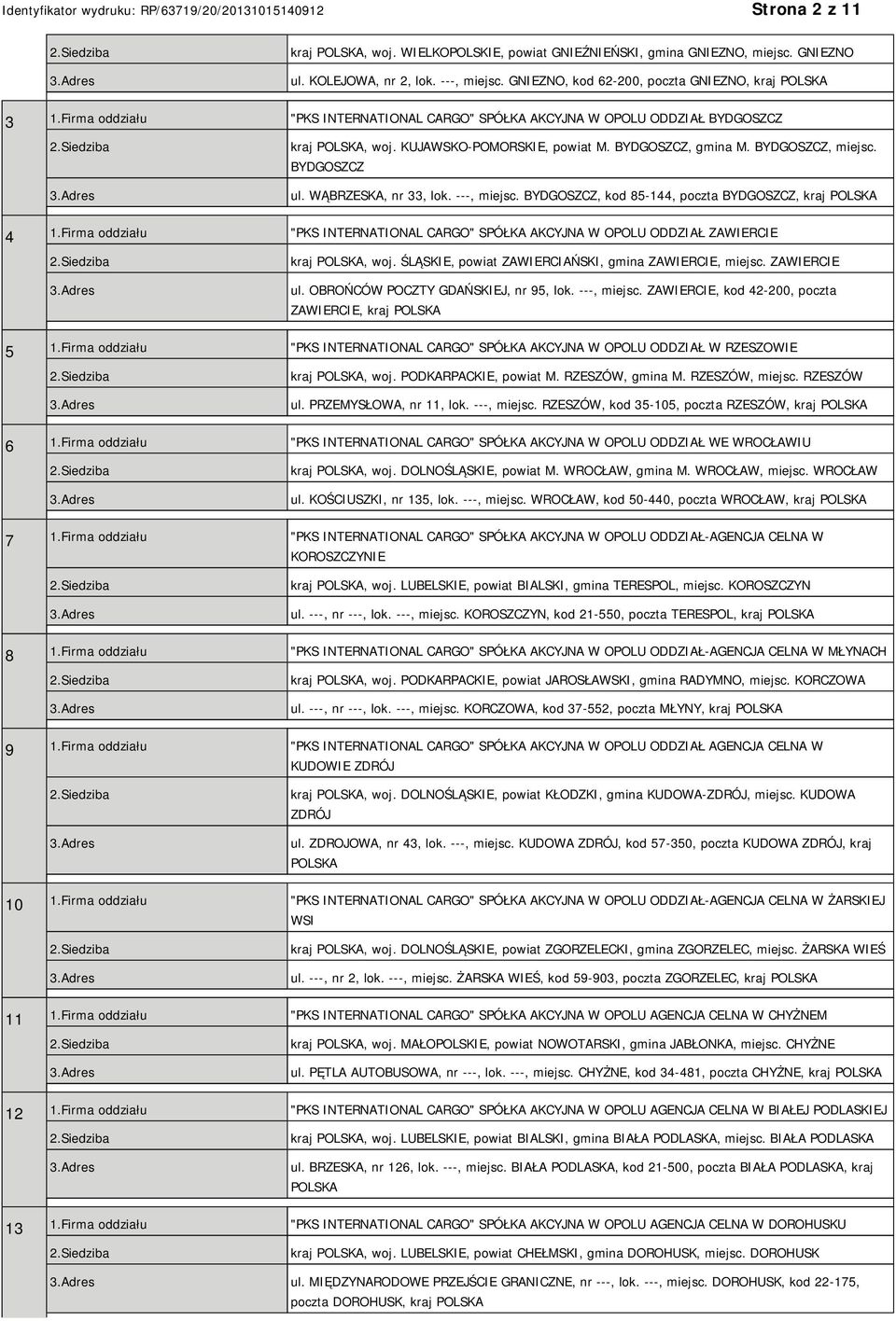 ---, miejsc. BYDGOSZCZ, kod 85-144, poczta BYDGOSZCZ, kraj 4 1.Firma oddziału "PKS INTERNATIONAL CARGO" SPÓŁKA AKCYJNA W OPOLU ODDZIAŁ ZAWIERCIE kraj, woj.