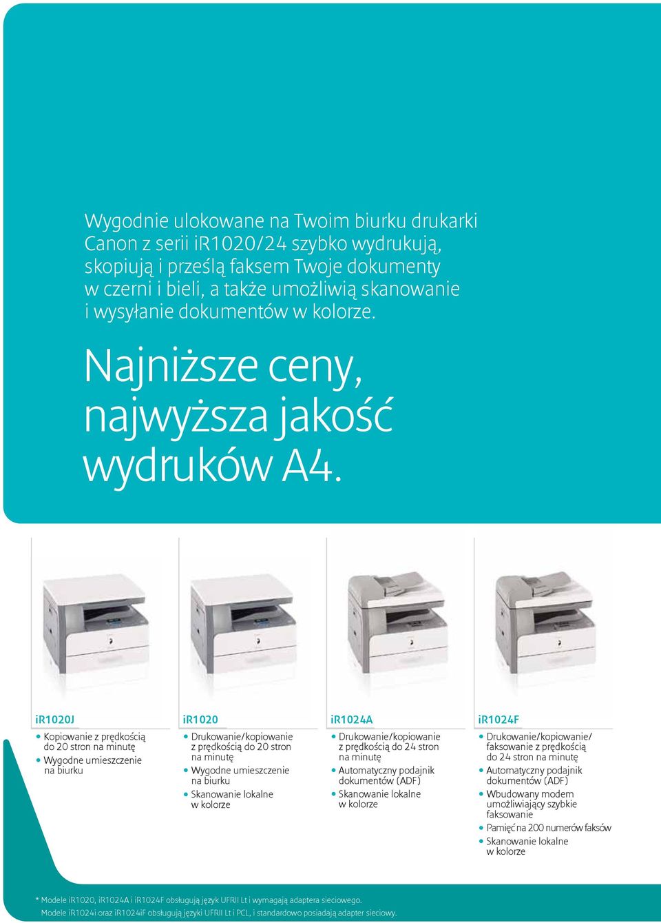 ir1020j Kopiowanie z prędkością do 20 stron Wygodne umieszczenie na biurku ir1020 Drukowanie/kopiowanie z prędkością do 20 stron Wygodne umieszczenie na biurku Skanowanie lokalne w kolorze ir1024a