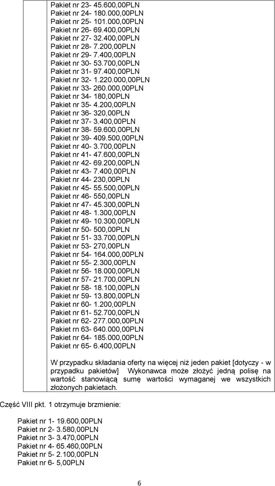 400,00PLN Pakiet nr 38-59.600,00PLN Pakiet nr 39-409.500,00PLN Pakiet nr 40-3.700,00PLN Pakiet nr 41-47.600,00PLN Pakiet nr 42-69.200,00PLN Pakiet nr 43-7.