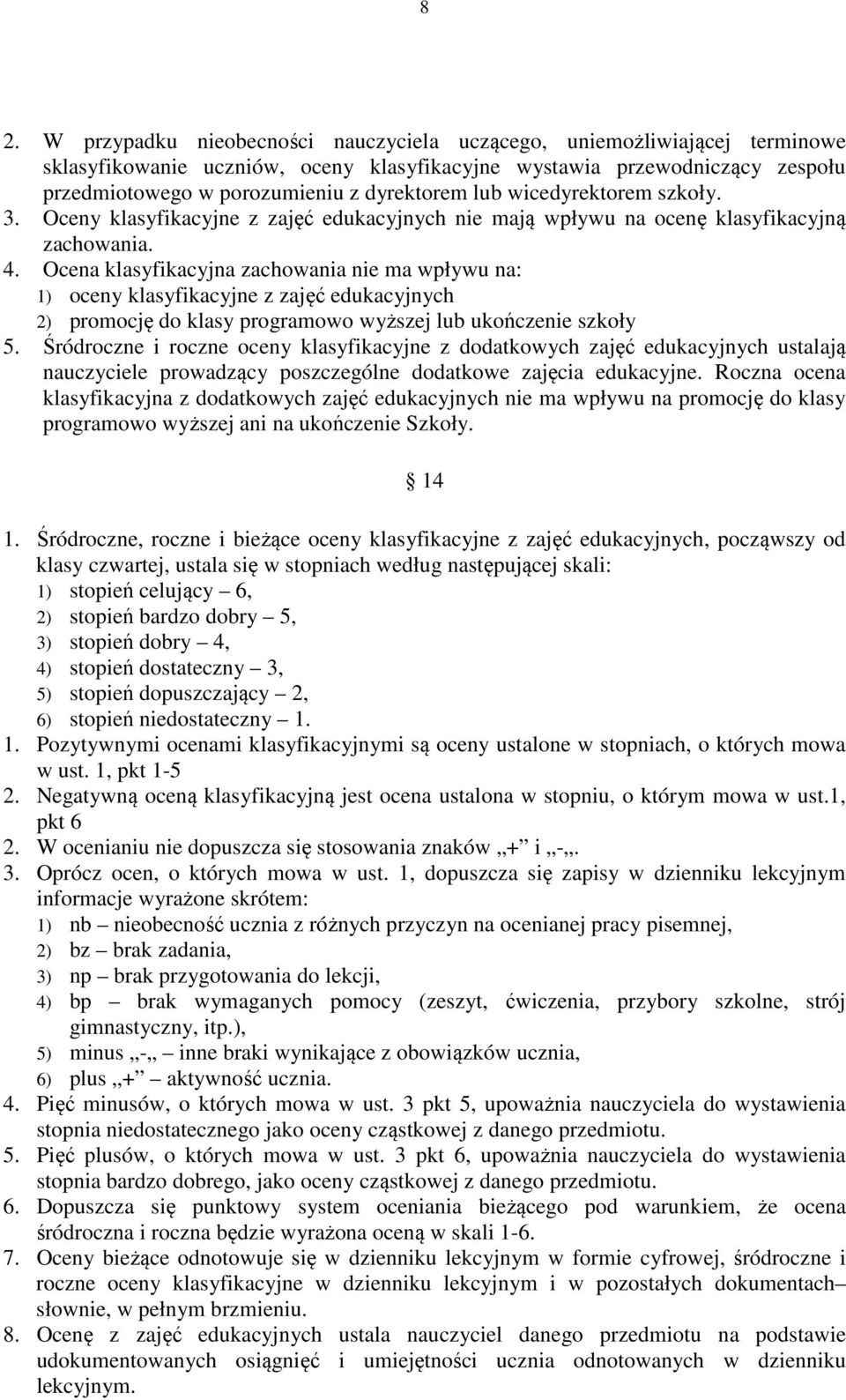 Ocena klasyfikacyjna zachowania nie ma wpływu na: 1) oceny klasyfikacyjne z zajęć edukacyjnych 2) promocję do klasy programowo wyższej lub ukończenie szkoły 5.