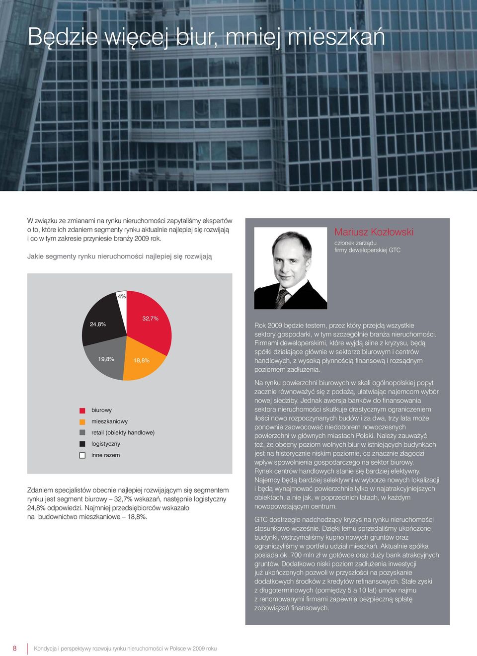 Jakie segmenty rynku nieruchomoêci najlepiej si rozwijajà Mariusz Kozłowski członek zarzàdu firmy deweloperskiej GTC 4% 24,8% 19,8% biurowy mieszkaniowy 18,8% 32,7% retail (obiekty handlowe)