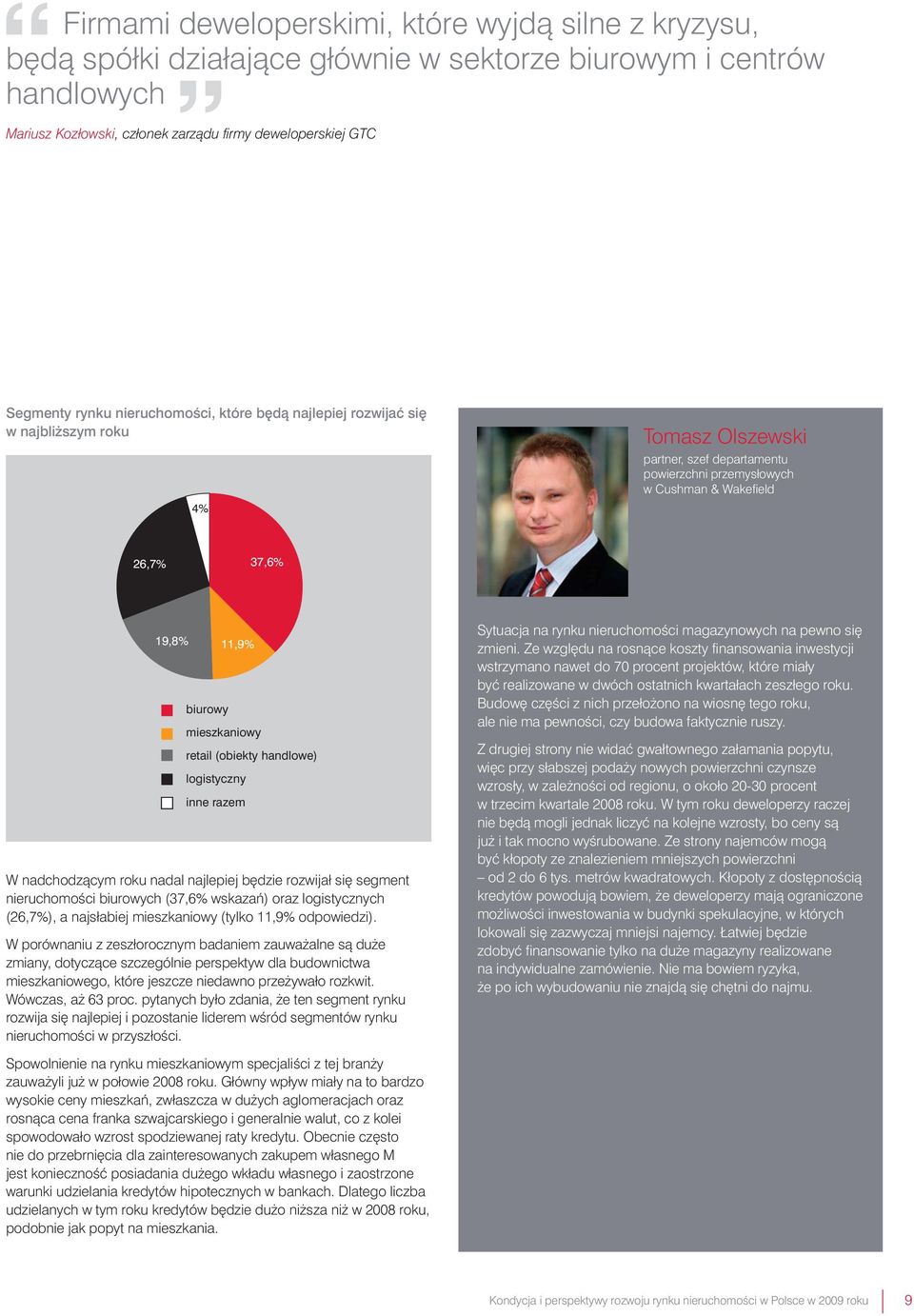 mieszkaniowy retail (obiekty handlowe) logistyczny inne razem W nadchodzàcym roku nadal najlepiej b dzie rozwijał si segment nieruchomoêci biurowych (37,6% wskazaƒ) oraz logistycznych (26,7%), a