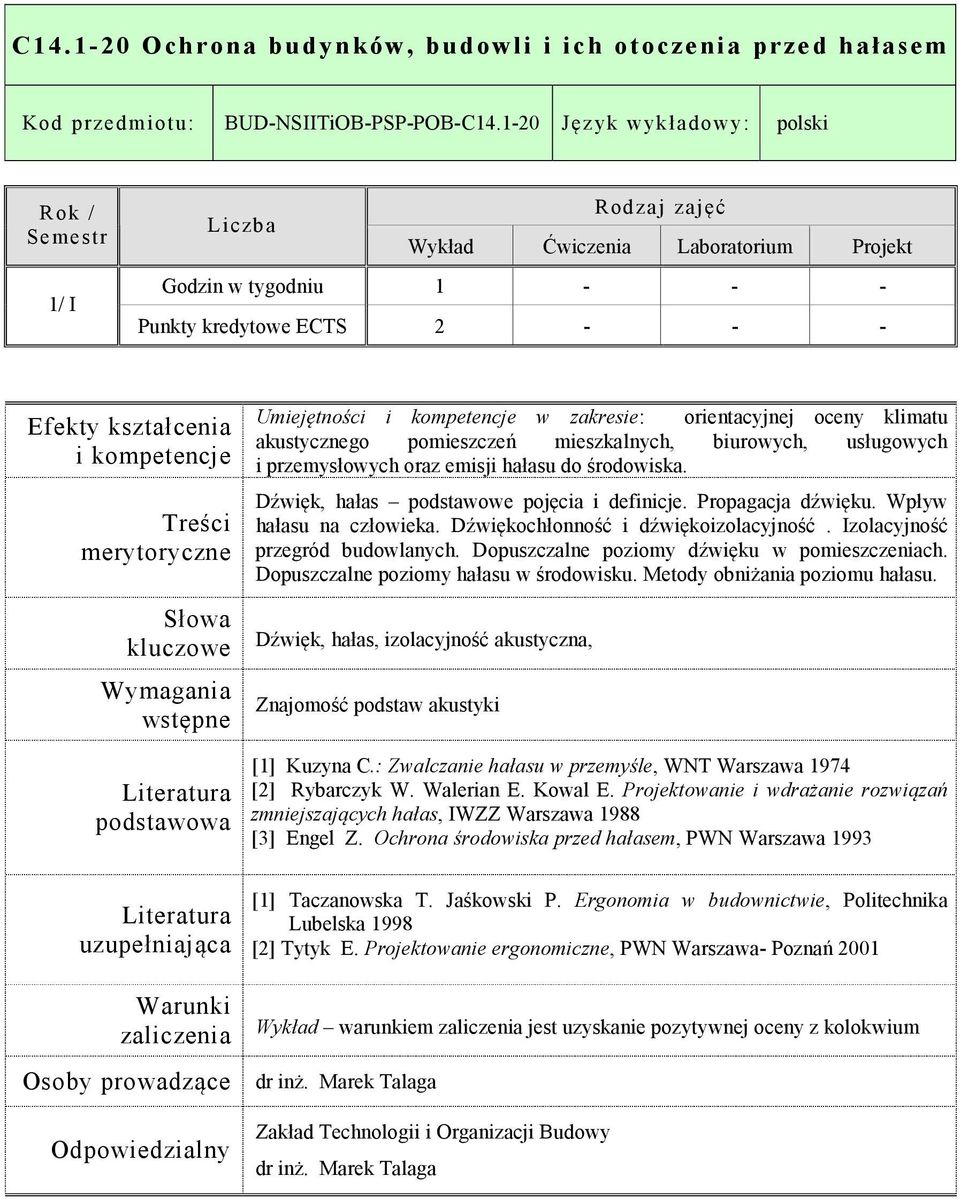 usługowych i przemysłowych oraz emisji hałasu do środowiska. Dźwięk, hałas podstawowe pojęcia i definicje. Propagacja dźwięku. Wpływ hałasu na człowieka. Dźwiękochłonność i dźwiękoizolacyjność.