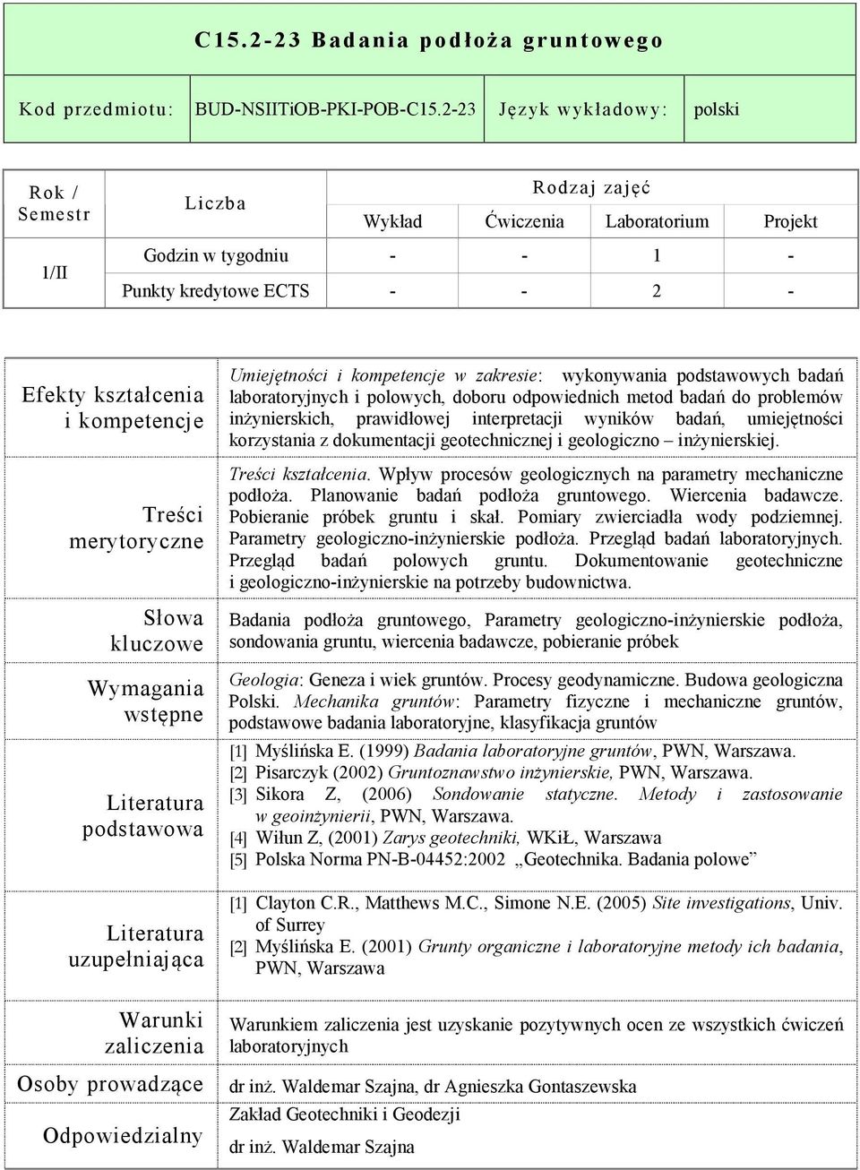 odpowiednich metod badań do problemów inżynierskich, prawidłowej interpretacji wyników badań, umiejętności korzystania z dokumentacji geotechnicznej i geologiczno inżynierskiej. kształcenia.