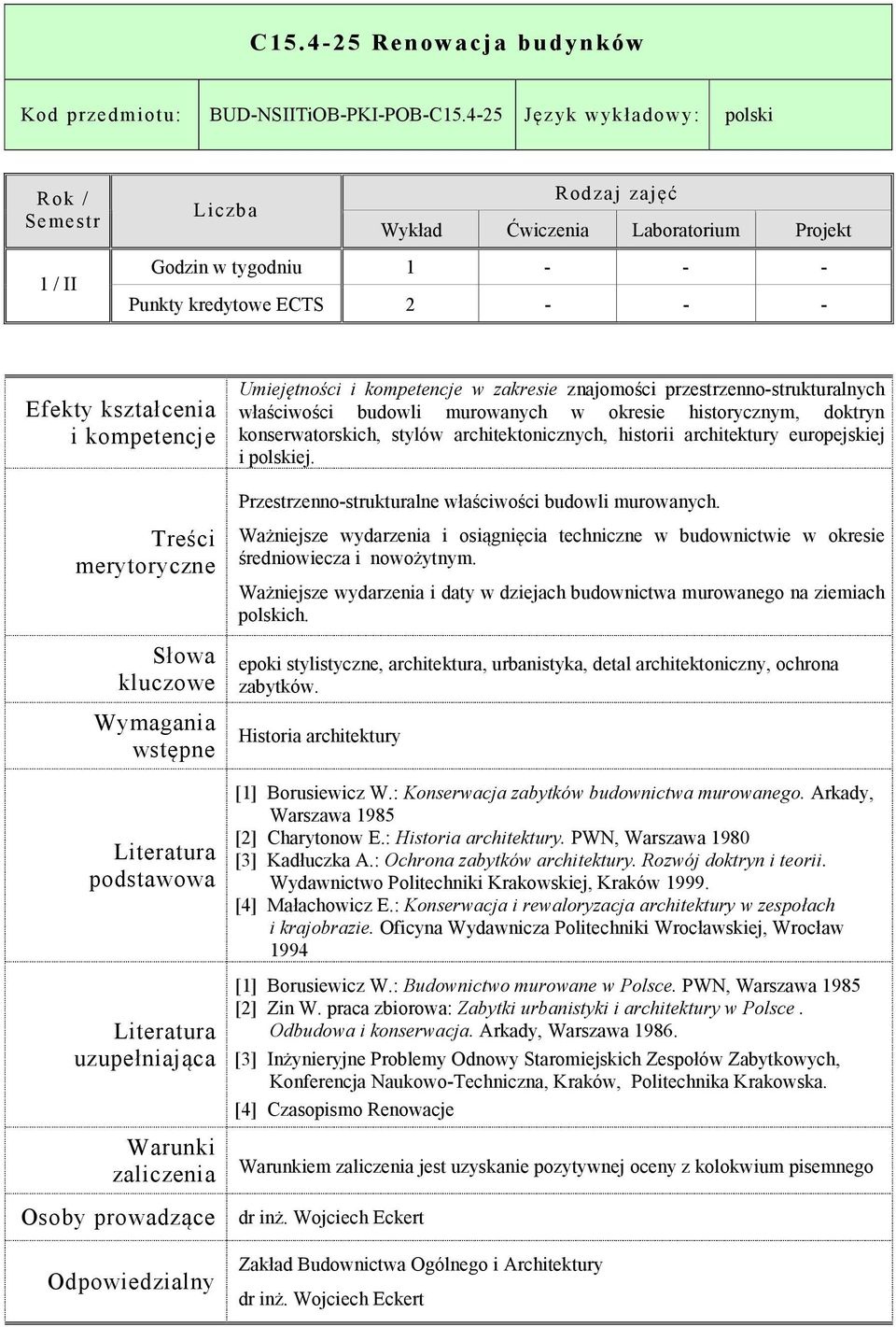 historycznym, doktryn konserwatorskich, stylów architektonicznych, historii architektury europejskiej i polskiej. Przestrzenno-strukturalne właściwości budowli murowanych.