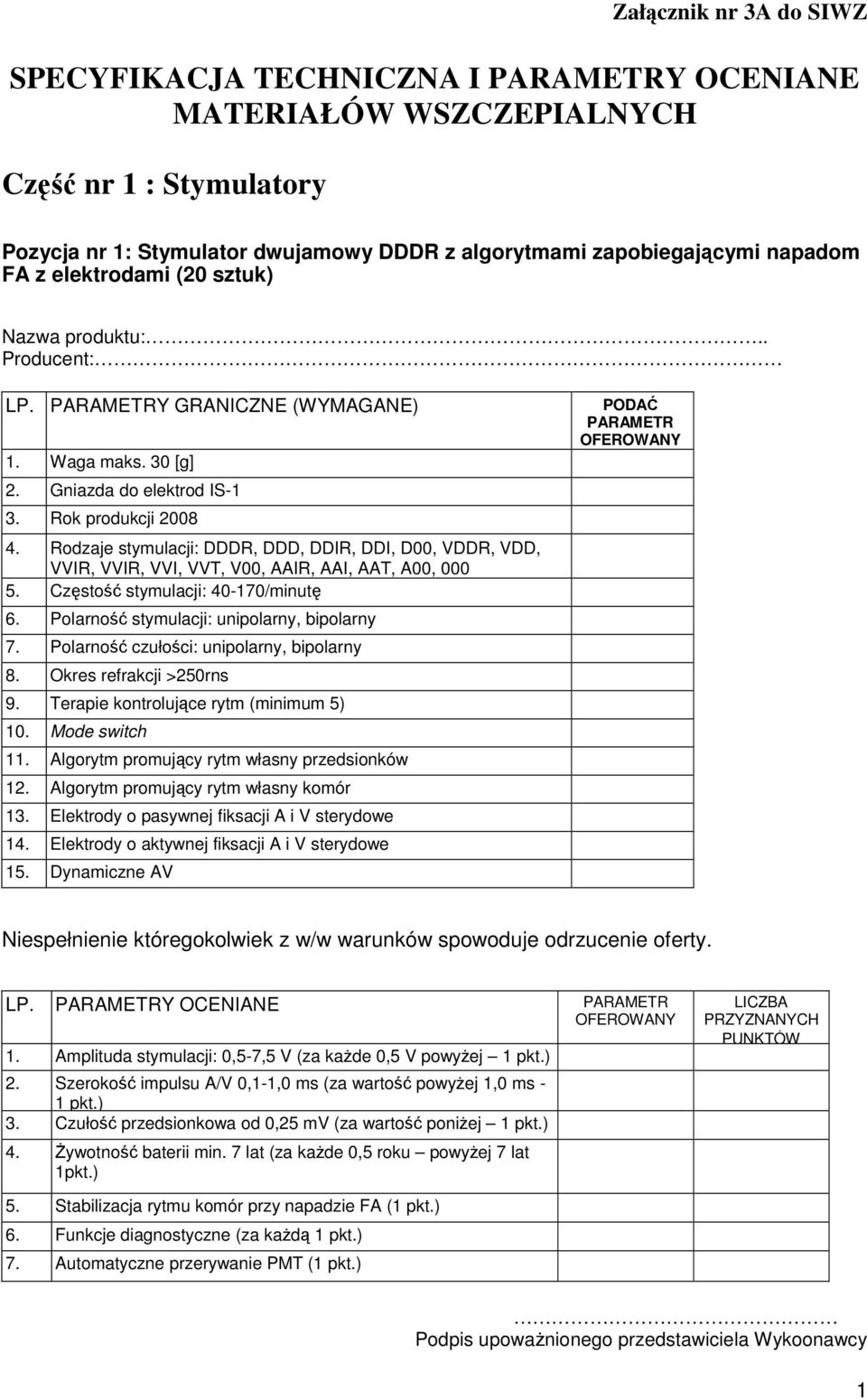 Rodzaje stymulacji: DDDR, DDD, DDIR, DDI, D00, VDDR, VDD, VVIR, VVIR, VVI, VVT, V00, AAIR, AAI, AAT, A00, 000 5. Częstość stymulacji: 40-170/minutę 6. Polarność stymulacji: unipolarny, bipolarny 7.