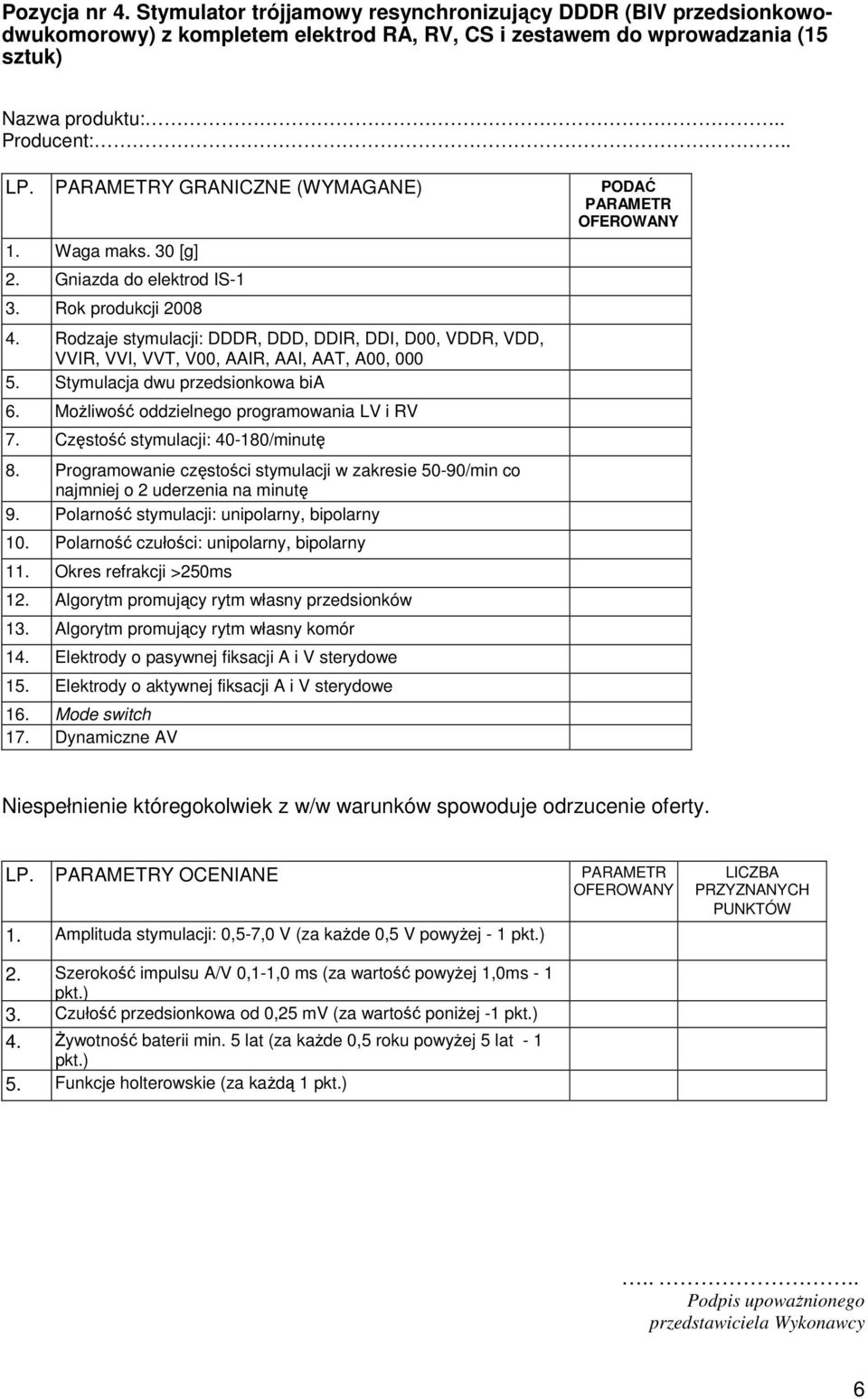 Rodzaje stymulacji: DDDR, DDD, DDIR, DDI, D00, VDDR, VDD, VVIR, VVI, VVT, V00, AAIR, AAI, AAT, A00, 000 5. Stymulacja dwu przedsionkowa bia 6. Możliwość oddzielnego programowania LV i RV 7.