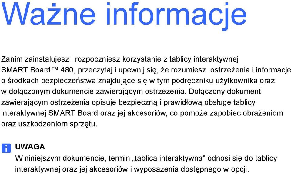 Dołączony dokument zawierającym ostrzeżenia opisuje bezpieczną i prawidłową obsługę tablicy interaktywnej SMART Board oraz jej akcesoriów, co pomoże zapobiec