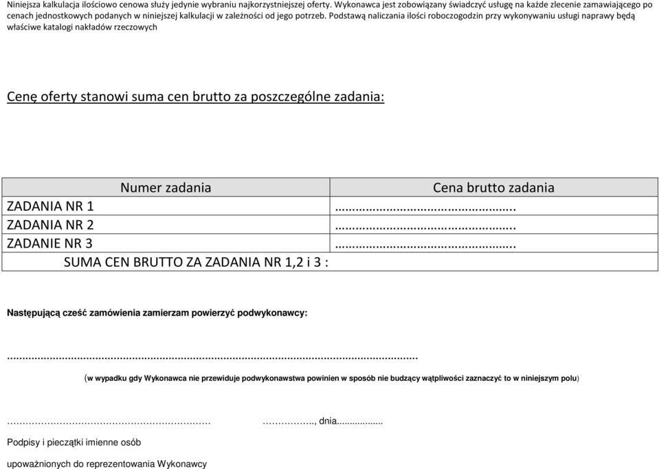 Podstawą naliczania ilości roboczogodzin przy wykonywaniu usługi naprawy będą właściwe katalogi nakładów rzeczowych Cenę oferty stanowi suma cen brutto za poszczególne zadania: Numer zadania ZADANIA