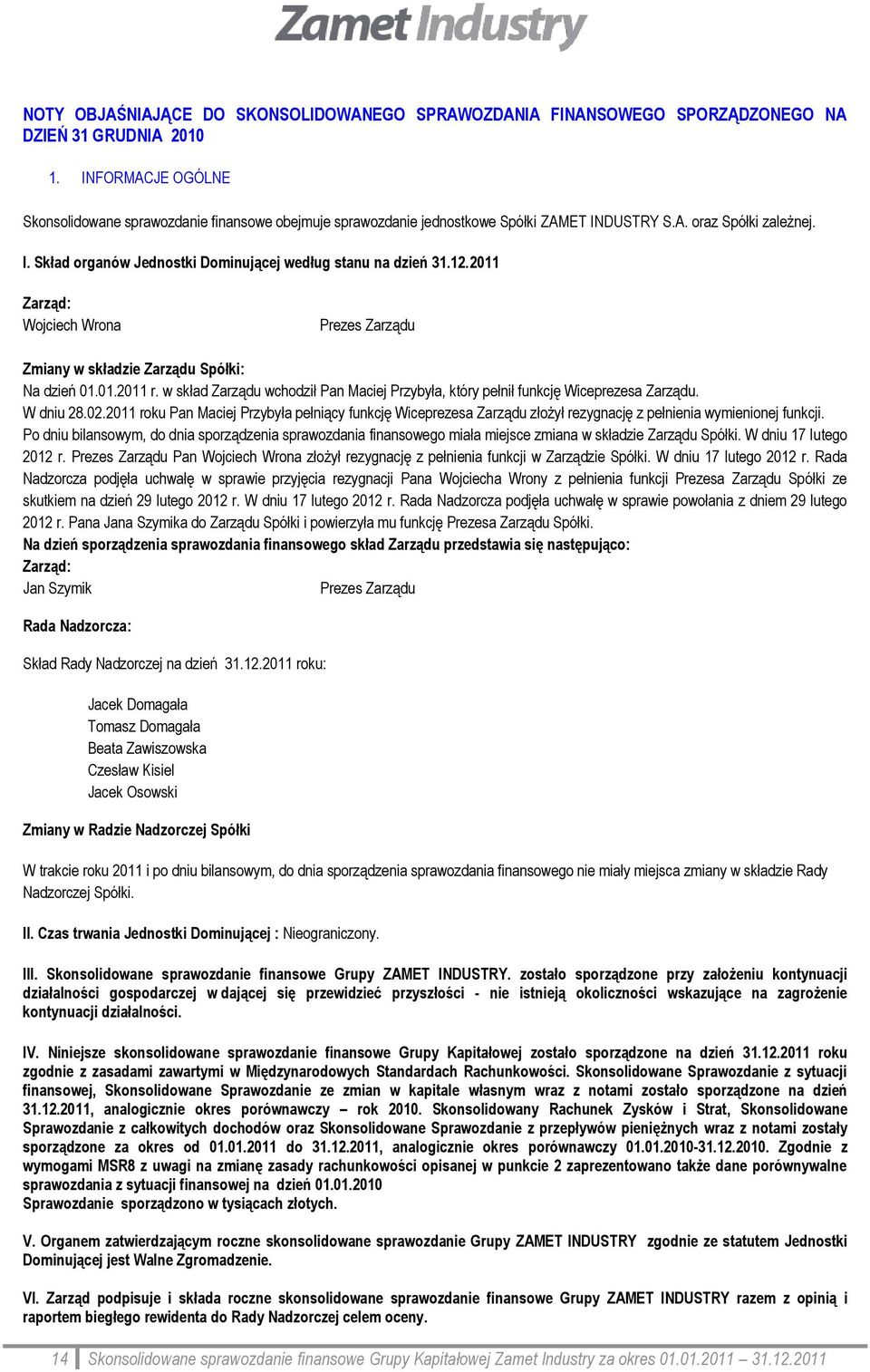 12.2011 Zarząd: Wojciech Wrona Prezes Zarządu Zmiany w składzie Zarządu Spółki: Na dzień 01.01.2011 r. w skład Zarządu wchodził Pan Maciej Przybyła, który pełnił funkcję Wiceprezesa Zarządu.