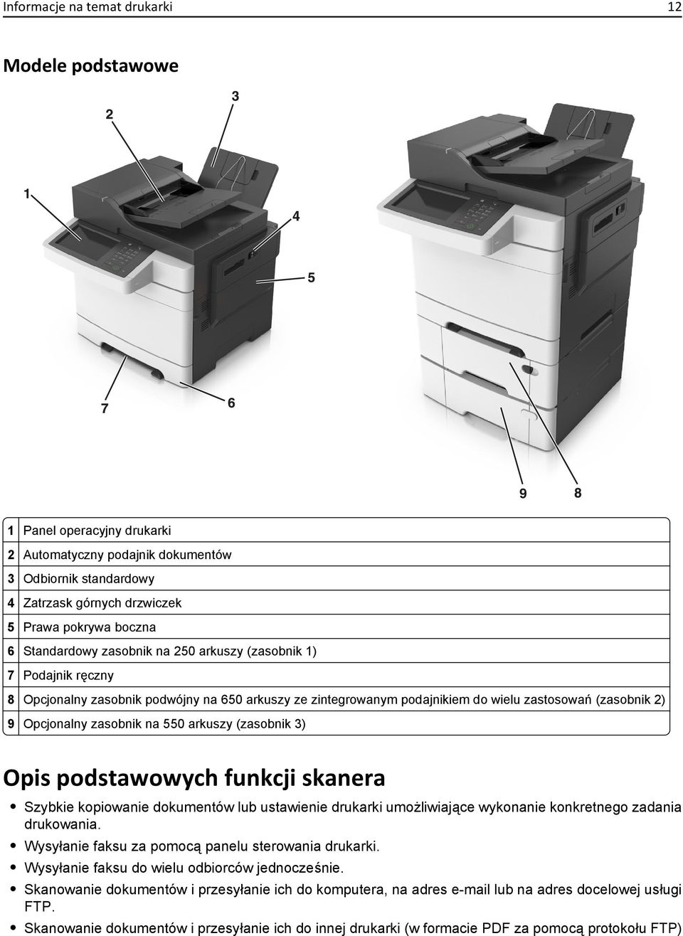 550 arkuszy (zasobnik 3) Opis podstawowych funkcji skanera Szybkie kopiowanie dokumentów lub ustawienie drukarki umożliwiające wykonanie konkretnego zadania drukowania.