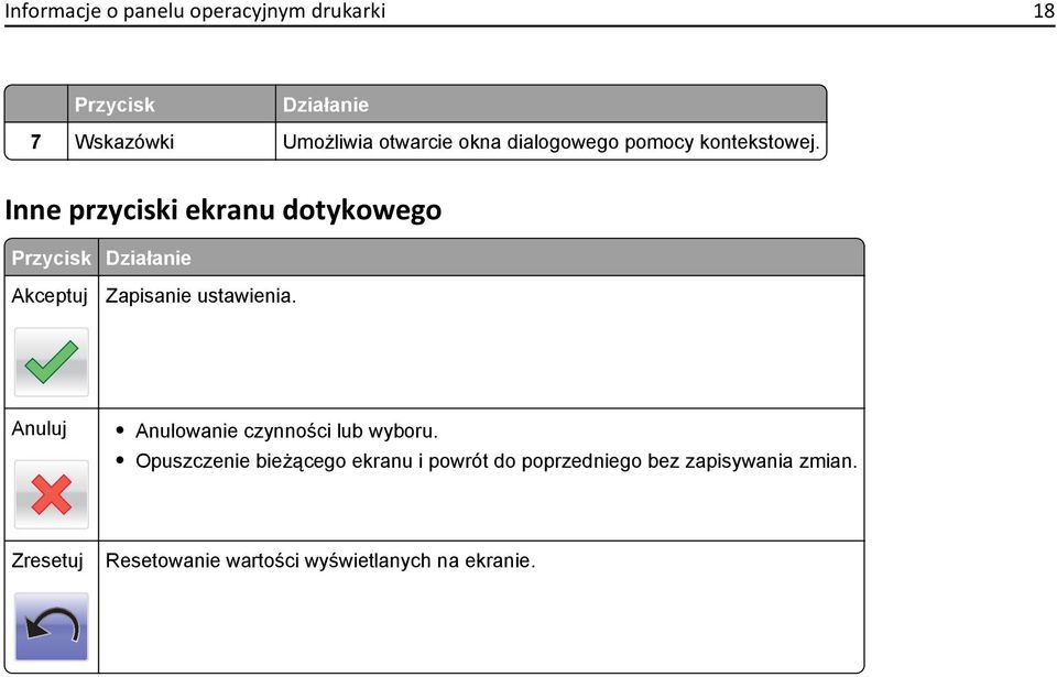 Inne przyciski ekranu dotykowego Przycisk Działanie Akceptuj Zapisanie ustawienia.